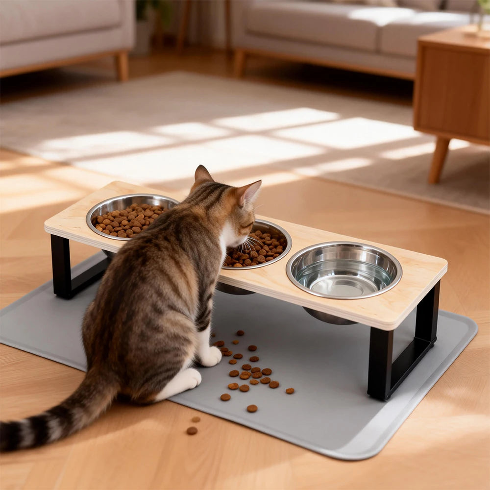 A tabby cat is sitting on a gray feeding mat next to an elevated wooden bowl stand with stainless steel bowls.