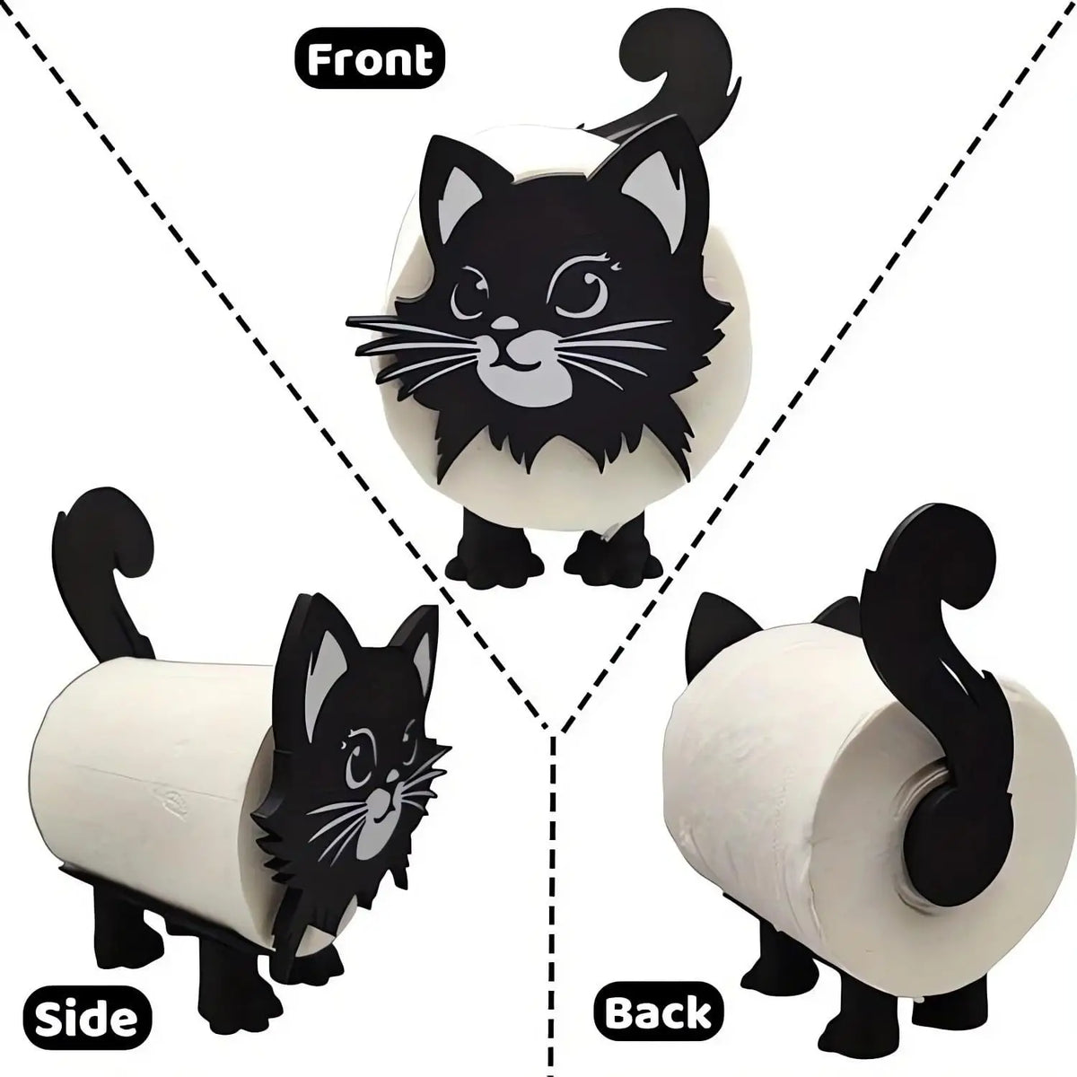 Front, side, and back views of a 3D printed black cat bathroom roll holder.