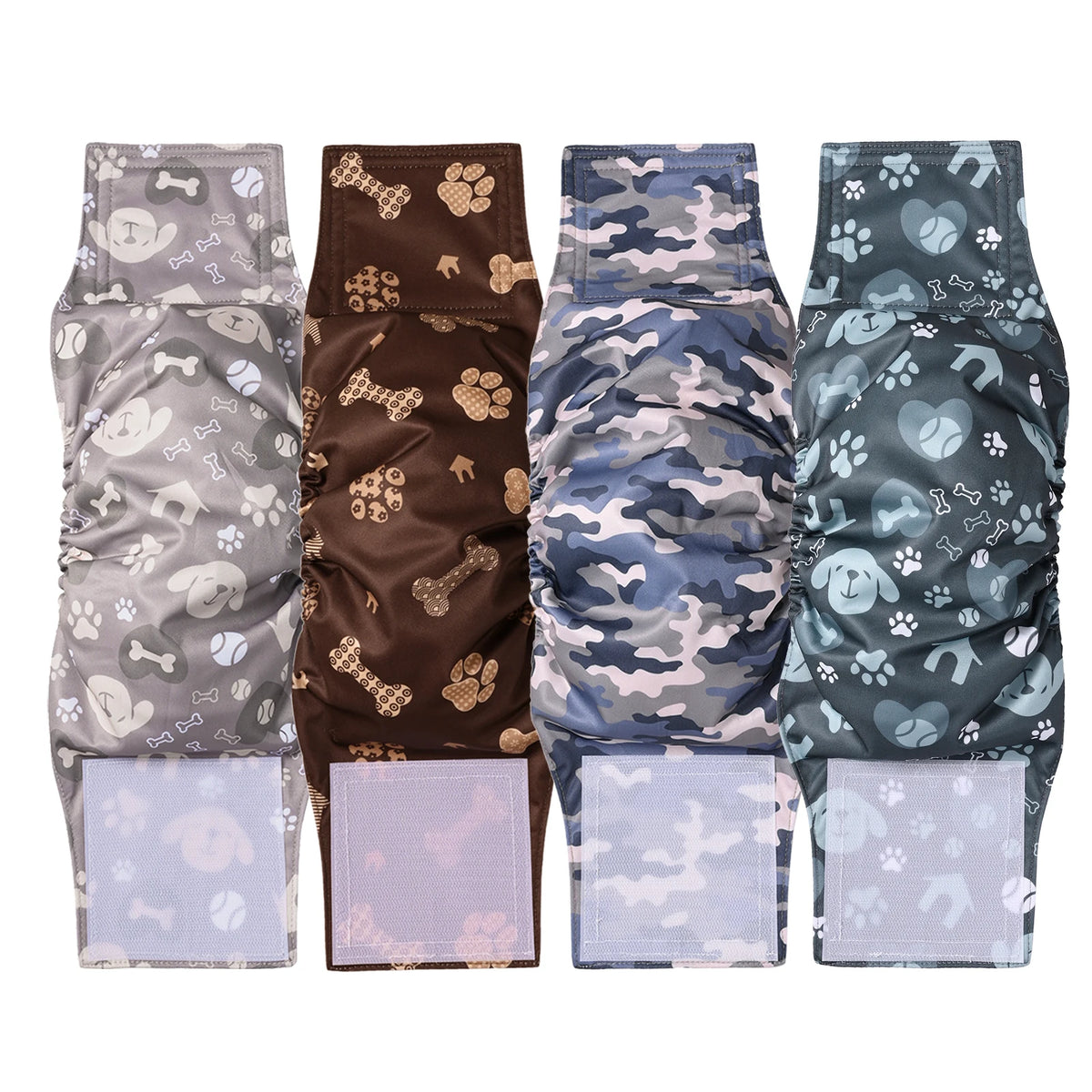 A set of four washable dog diaper wraps featuring various camouflage and patterned designs for male dogs.