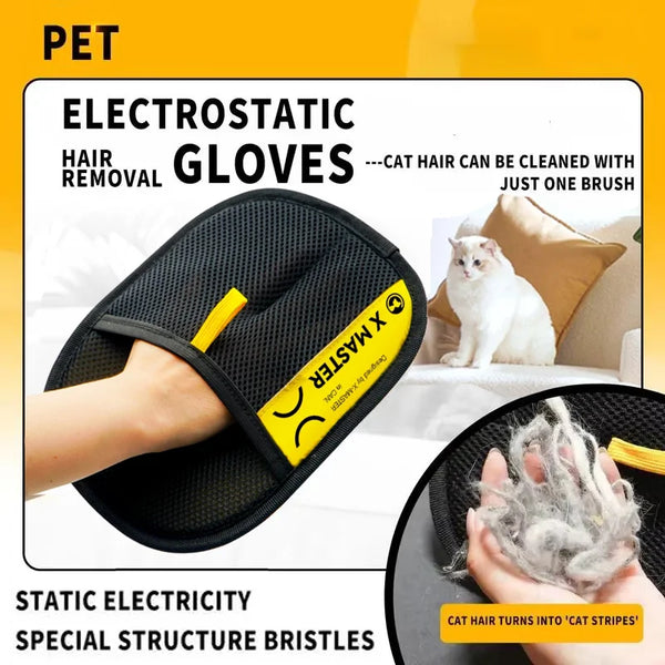 A pair of black electrostatic hair removal gloves is shown being used to clean cat hair.