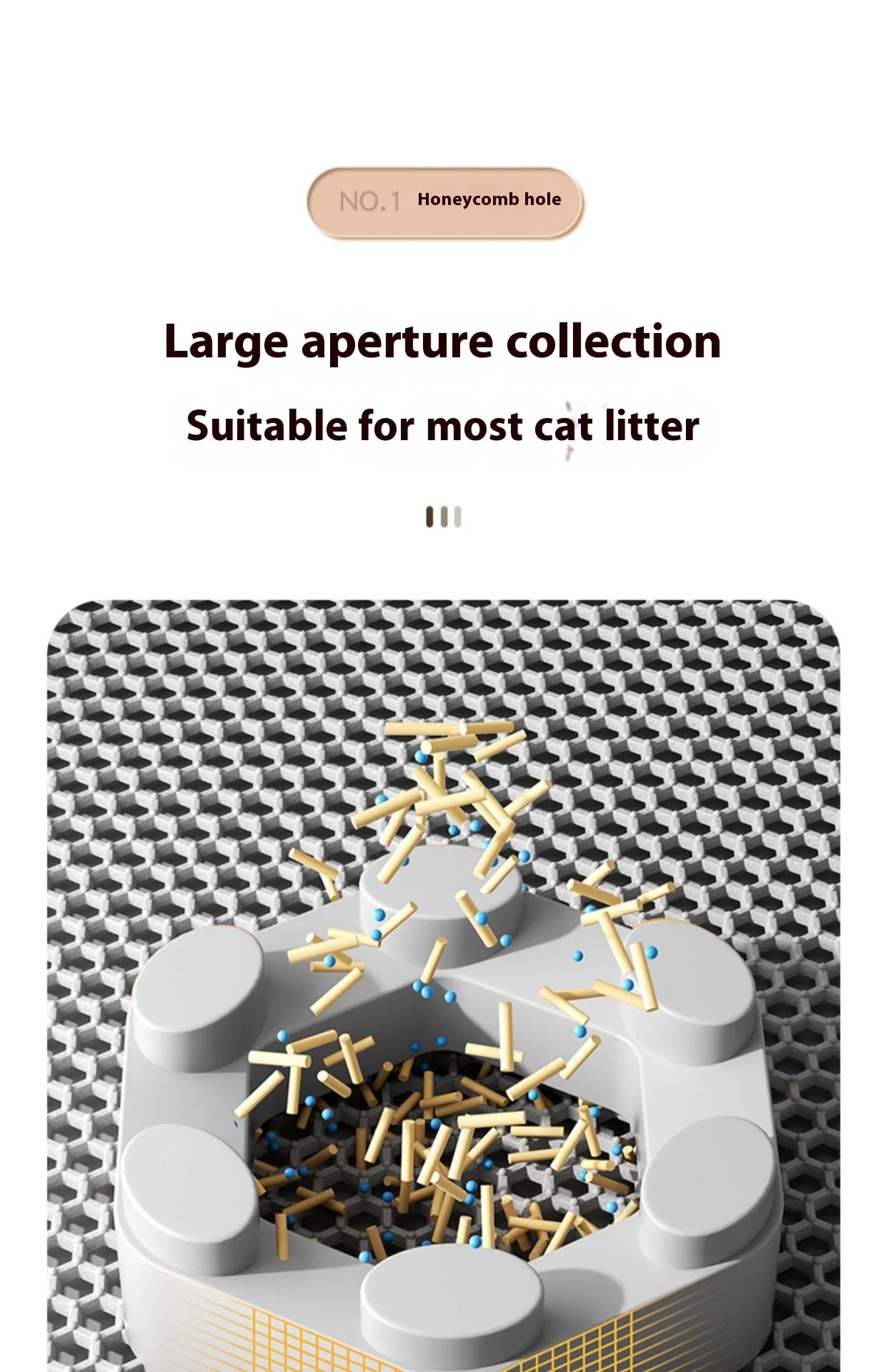 Collection d'une grande ouverture de litière pour chat, avec un tapis à double couche et une base imperméable.