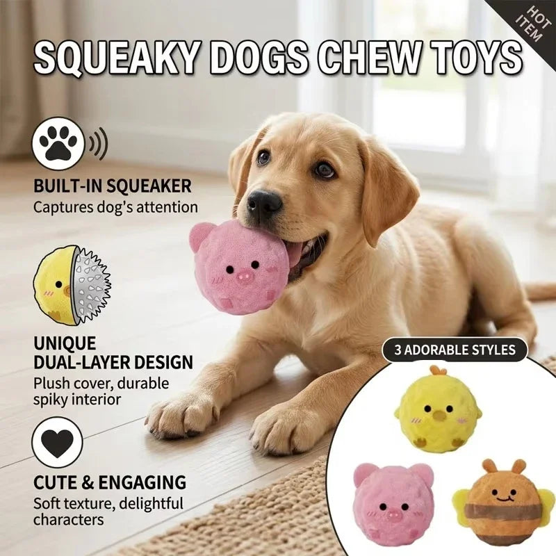A golden retriever puppy plays with a pink squeaky hedgehog plush dog toy featuring a spiky ball design.