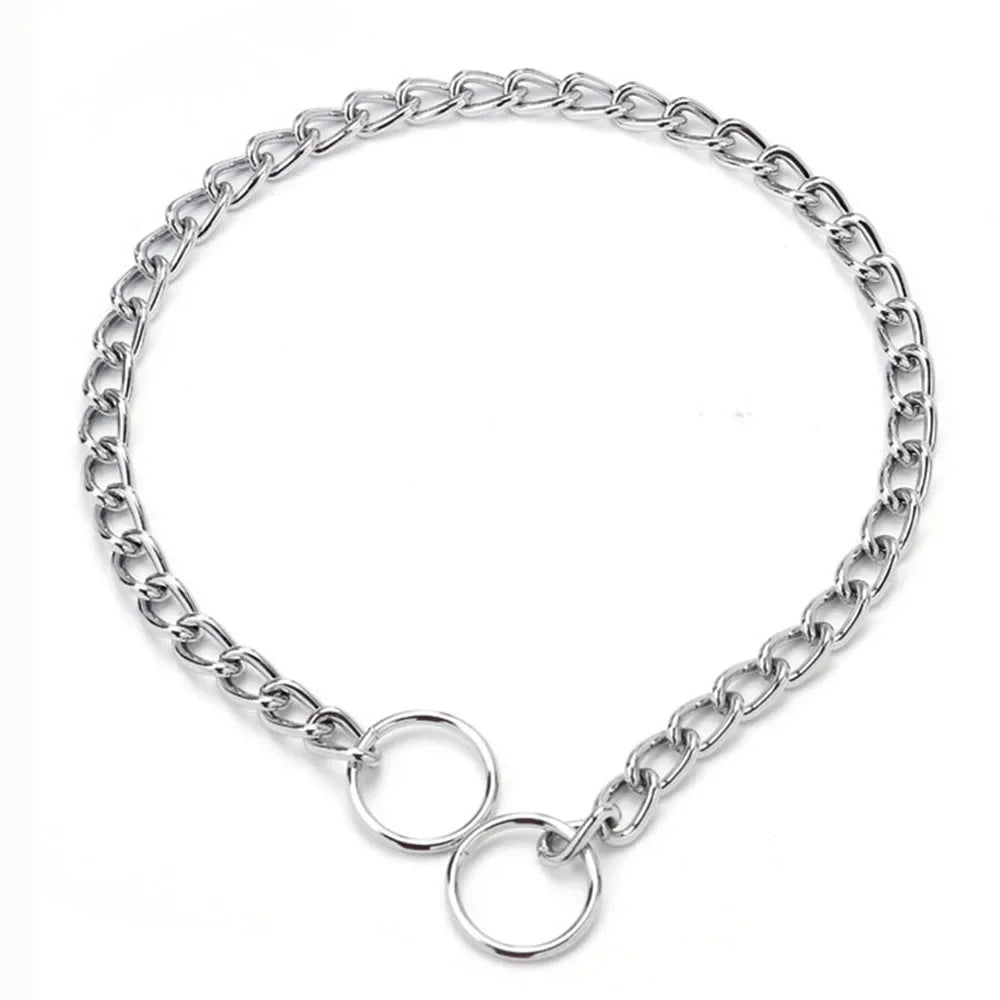 A silver stainless steel dog training choke collar chain