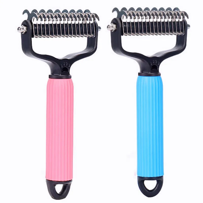 A pair of double-sided stainless steel dematting combs for dogs, featuring black handles and pink and blue plastic bodies.