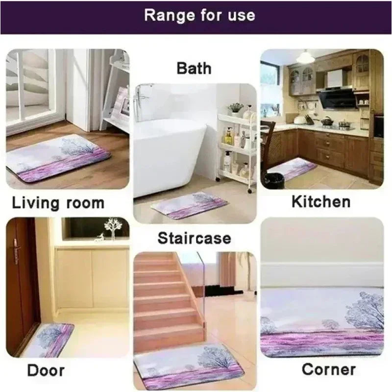 A collection of purple and white cat-themed mats for various areas including the bath, living room, kitchen, staircase, door,