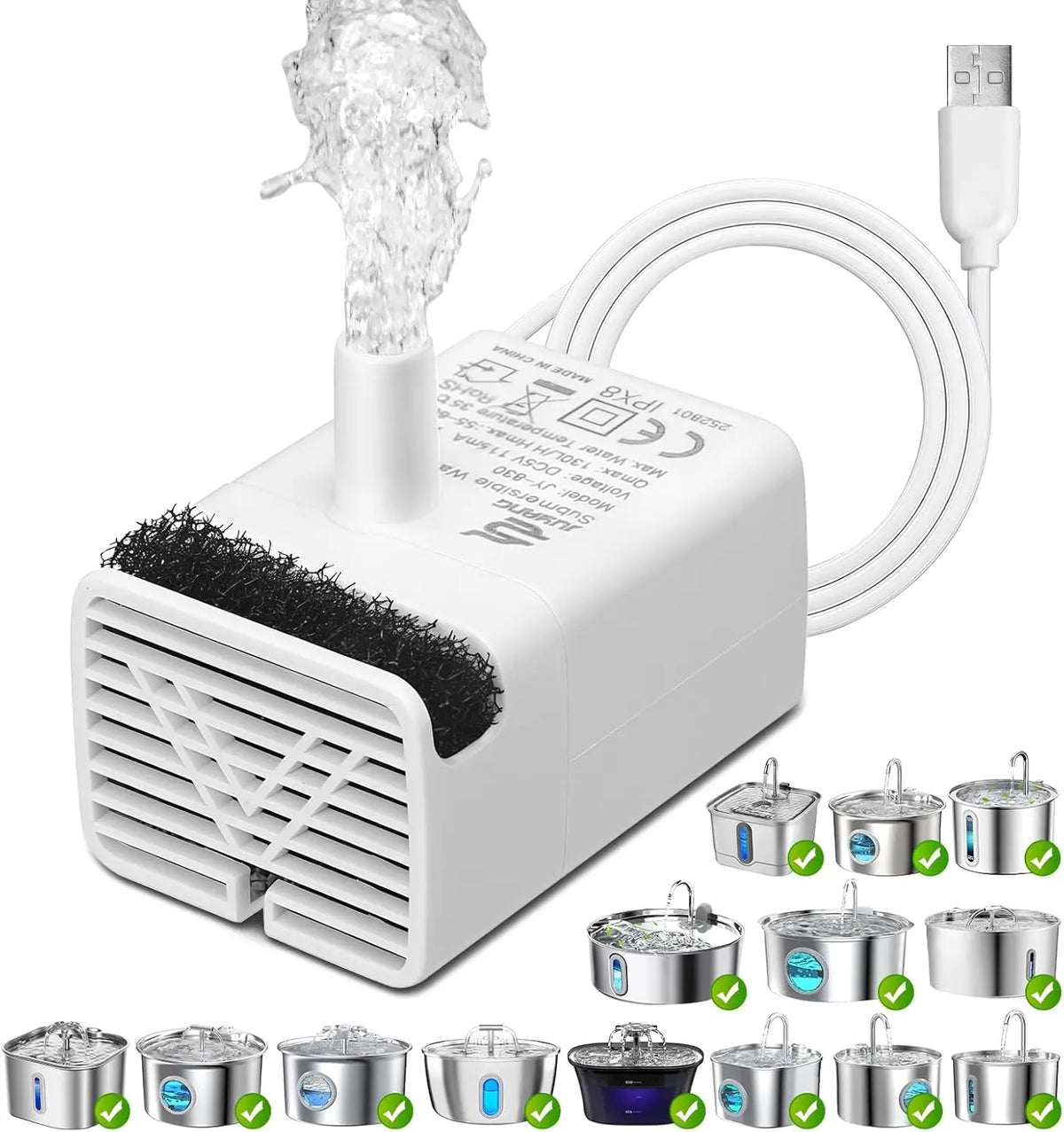 A white replacement pump for cat water fountains is shown with a cleaning brush and various stainless steel bowls.
