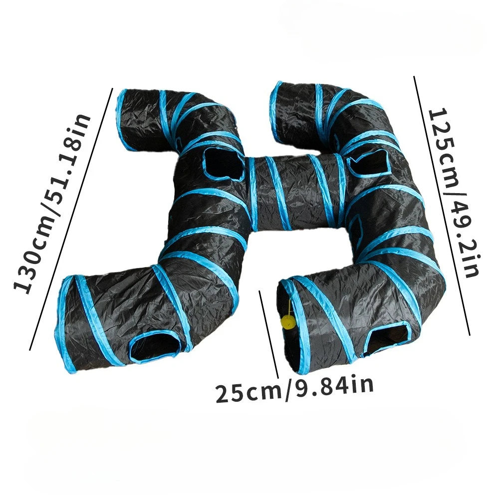 A black and blue foldable rainbow cat tunnel with multiple entrances shown from the side.