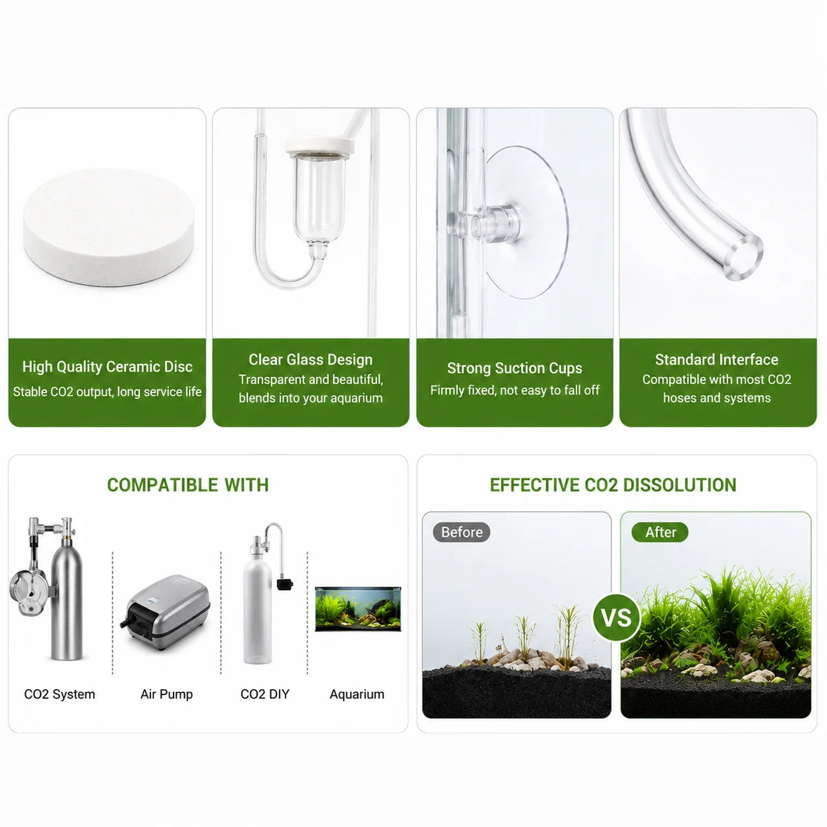 Set of ceramic discs, suction cups, and a glass tube for an aquarium CO2 diffuser system.
