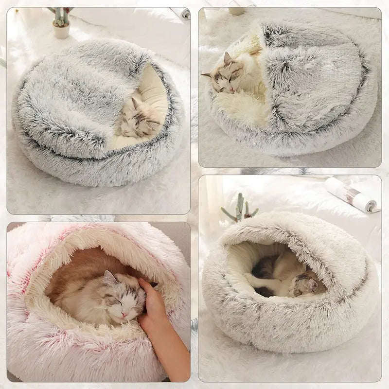 A cozy round plush pet bed with a removable cover made of soft gray and white faux fur.