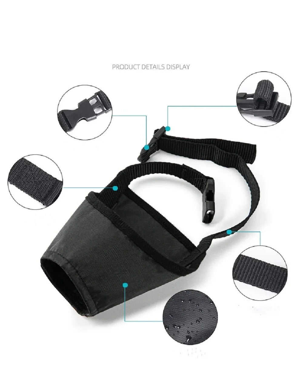 Black soft nylon dog muzzle with safety buckle and adjustable strap shown in detail.