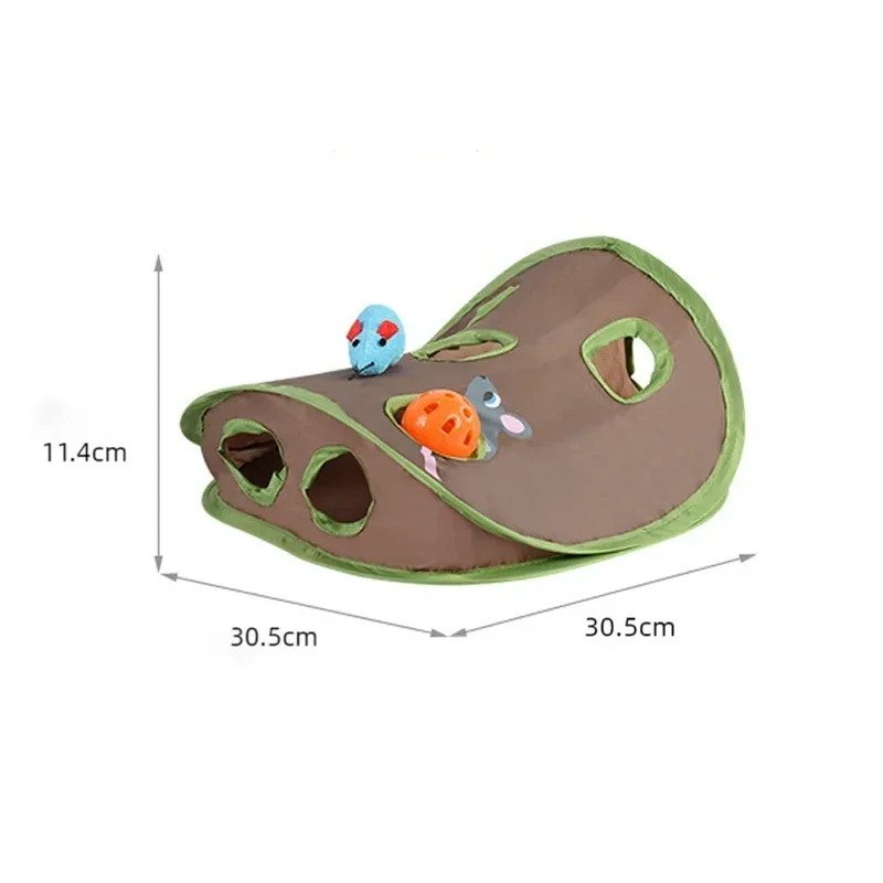 A brown foldable crinkle cat tunnel with various animal figures inside, shown from above.