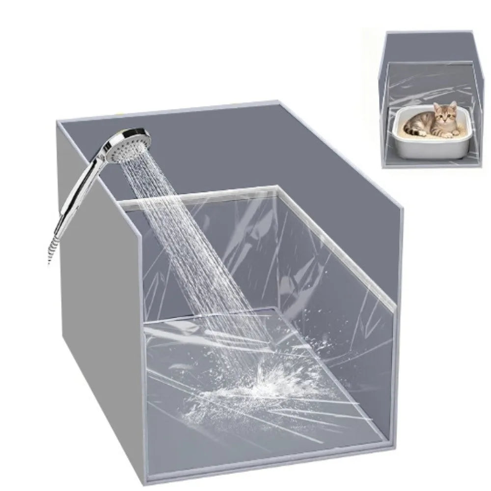 A gray foldable cat litter box enclosure with a splash guard and a small tray containing a cat.