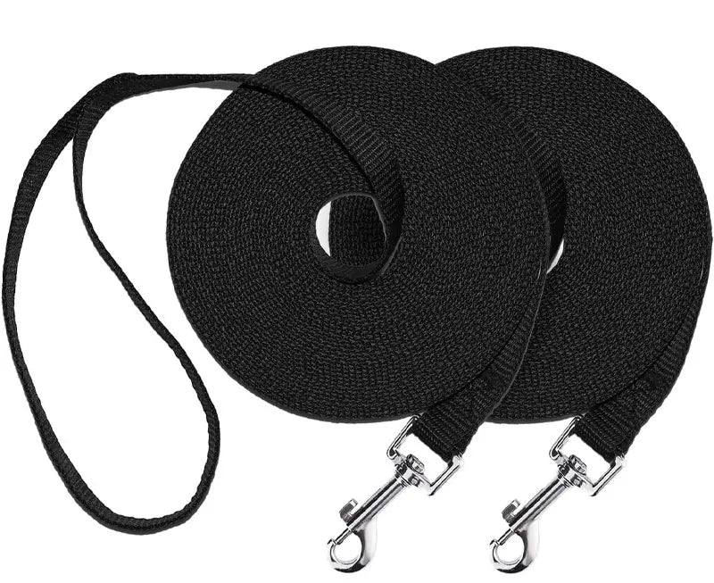 Black nylon dog training leash with a solid color long lead