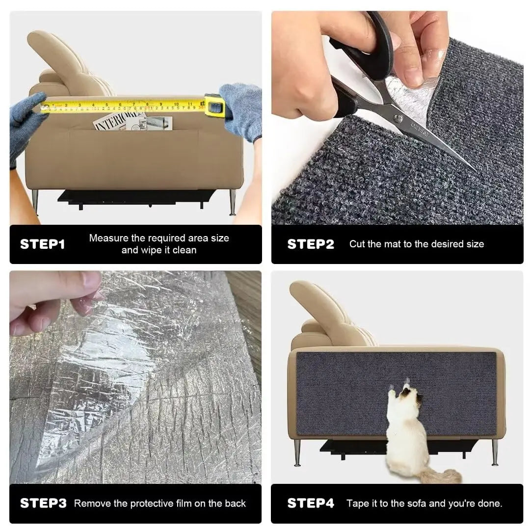 Instrucciones para usar una alfombrilla protectora autoadhesiva para rasguños de gato, mostrando cómo medir y cortar la alfom