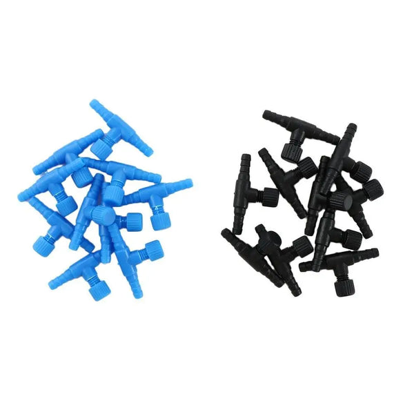A pack of ten blue and black aquarium air flow regulator valves.