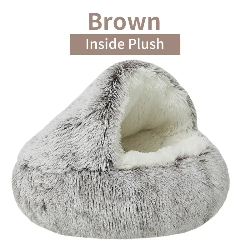 Lit pour animal en peluche marron avec une housse grise et design de grotte