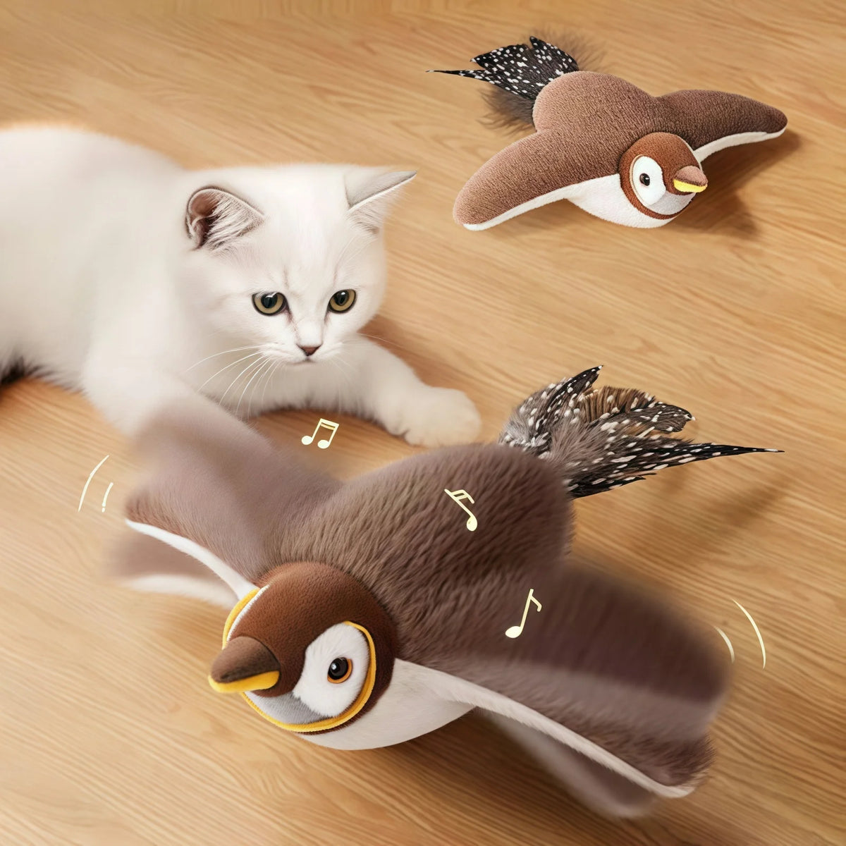 A white cat and a brown bird toy are shown interacting on a wooden surface.