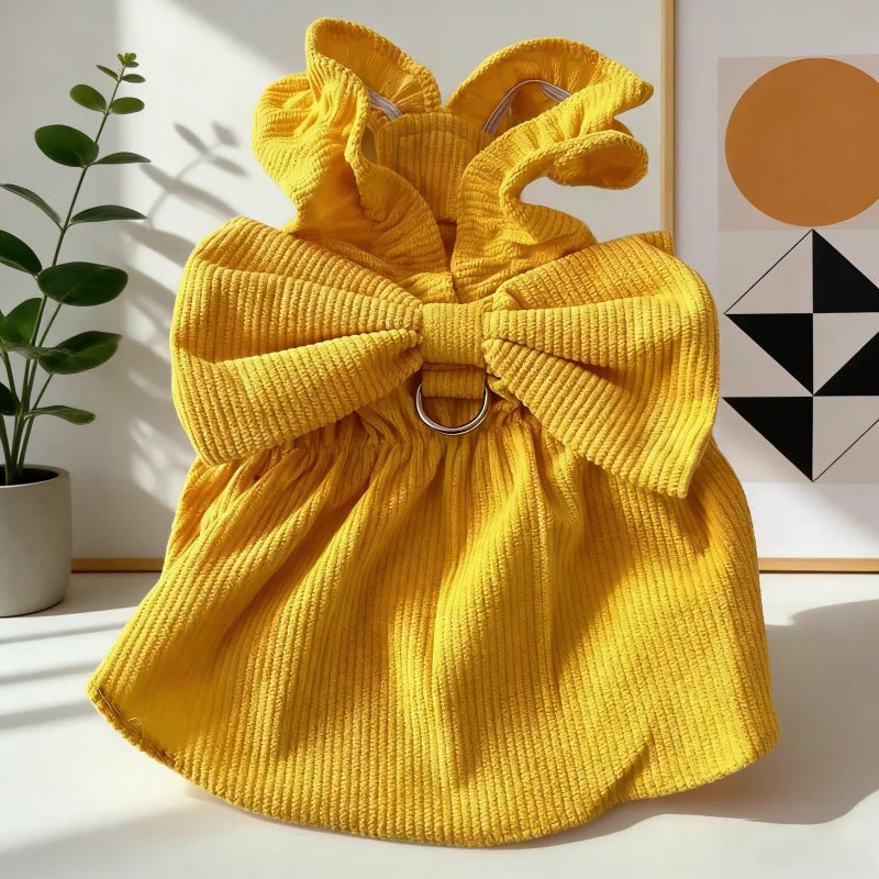 Vintage Corduroy Pet Dress with Bow and Ruffle Skirt