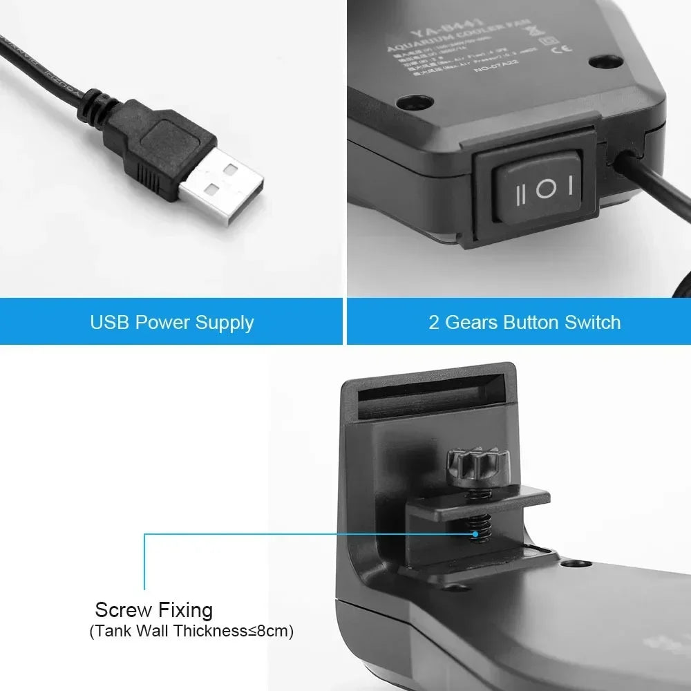 A black USB power supply and a device featuring a 2 gears button switch and screw fixing for an aquarium cooling fan.