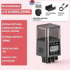 A black automatic fish feeder with an LCD screen, featuring feeding settings and a storage capacity of 320ml.