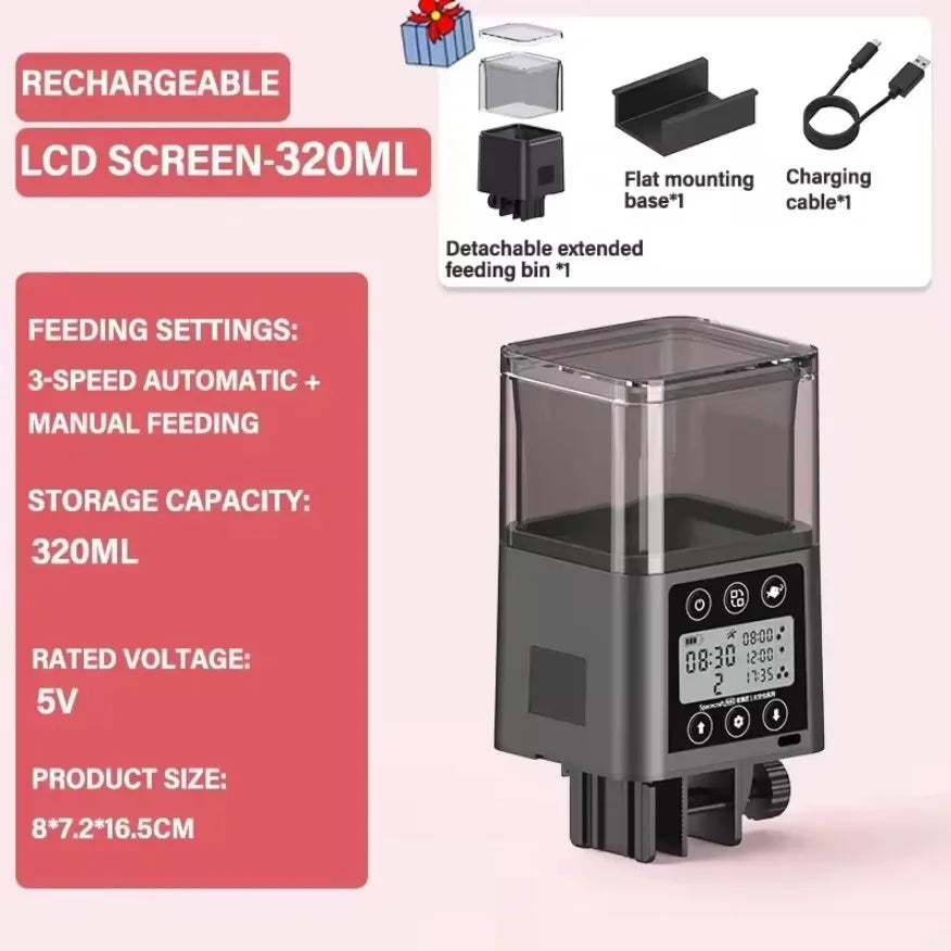 A black automatic fish feeder with an LCD screen, featuring feeding settings and a storage capacity of 320ml.