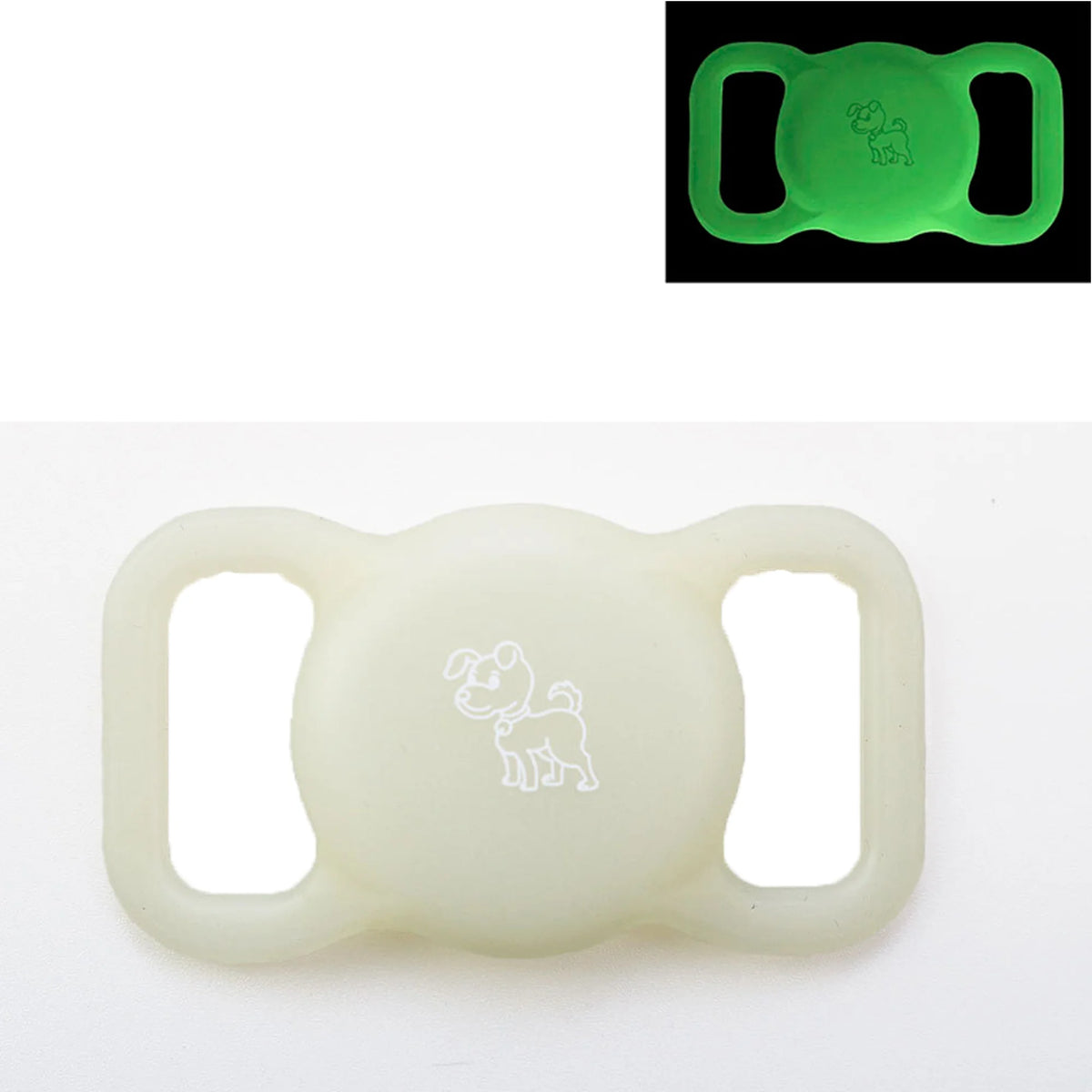 Weißer Silikonhalter mit Ausschnitt für Halsband, gezeigt neben einer grünen Version.