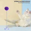 A fluffy purple spring cat toy with a suction cup is shown next to a white cat.