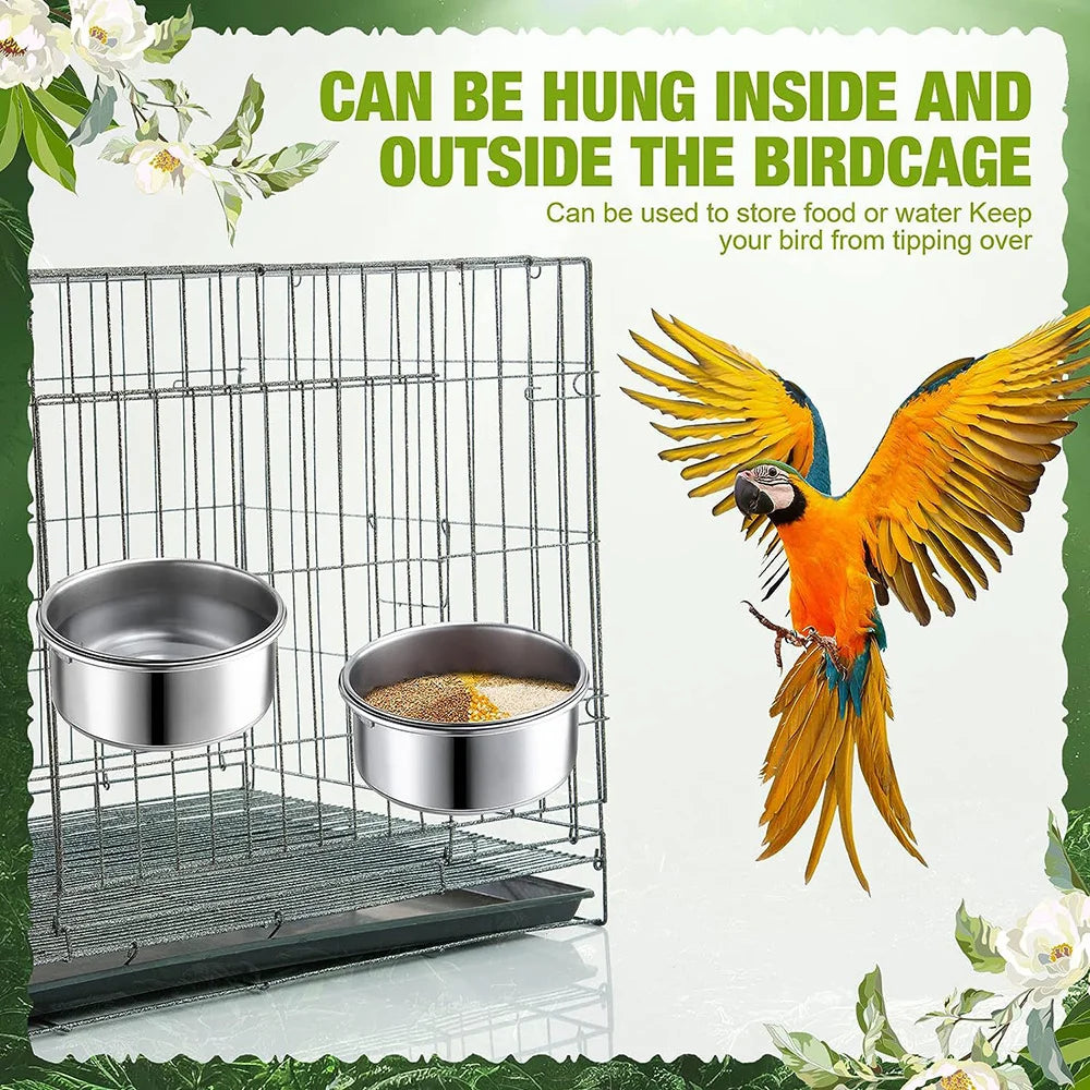Stainless steel hanging bird bowl inside and outside the birdcage with a bird flying nearby