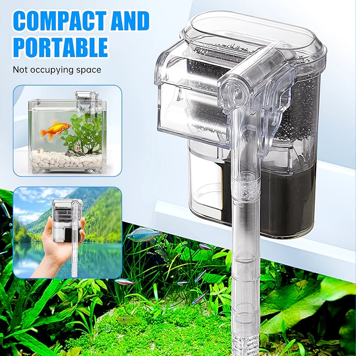 A clear plastic mini aquarium filter with a long tube is shown next to a natural aquatic environment.