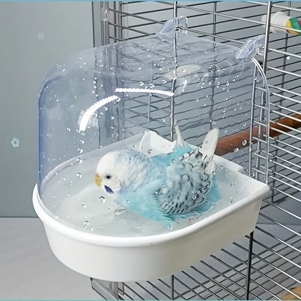 Un bain d'oiseaux anti-éclaboussures à poignée facile, contenant un petit oiseau bleu et blanc.
