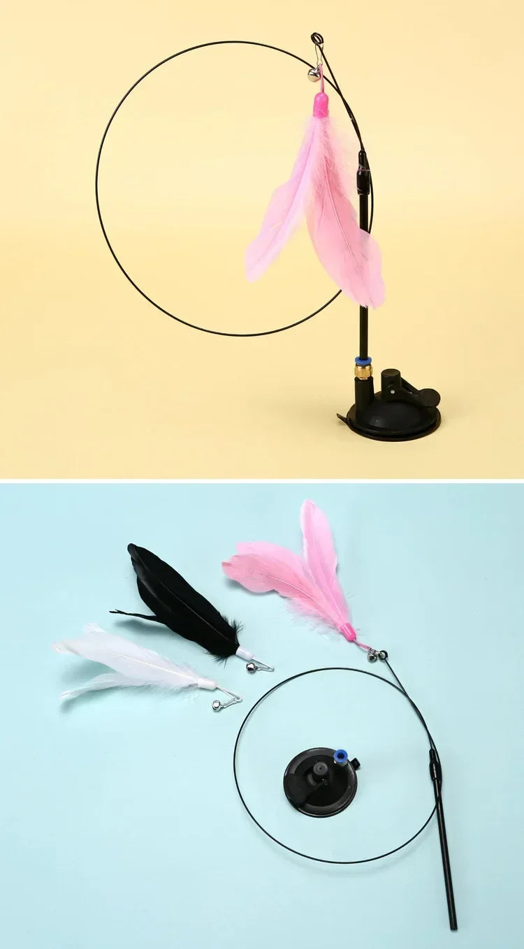 Suction Cup Cat Teaser Wand with Feather Toy and Bell