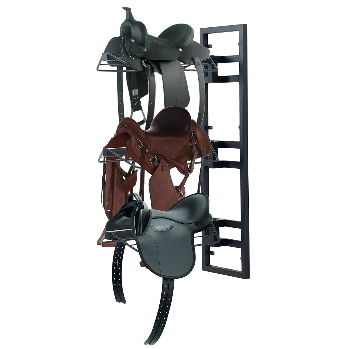 A black three-tier wall-mounted saddle rack displaying various leather saddles.