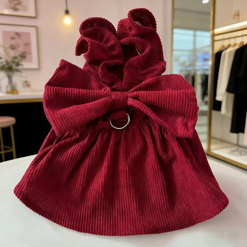 Vintage Corduroy Pet Dress with Bow and Ruffle Skirt