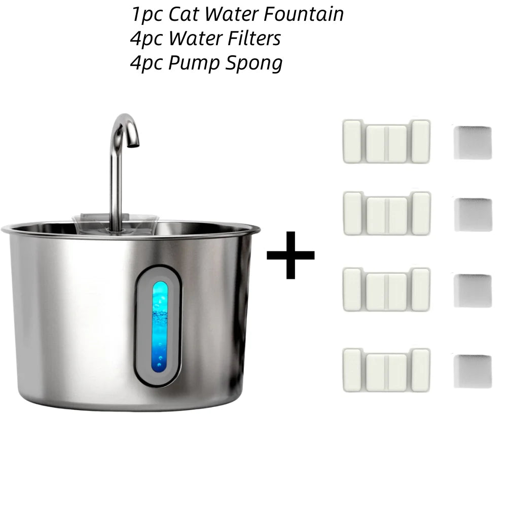 Fontaine à eau automatique en acier inoxydable avec bol, filtres et pompe.