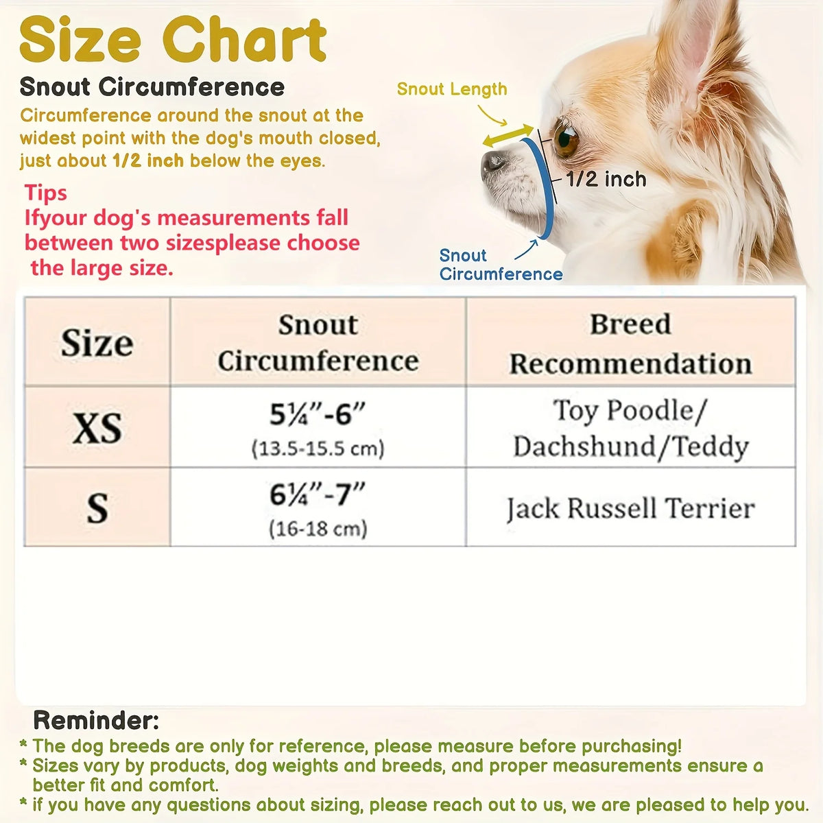 Size chart showing snout circumference measurements for different dog sizes and breed recommendations