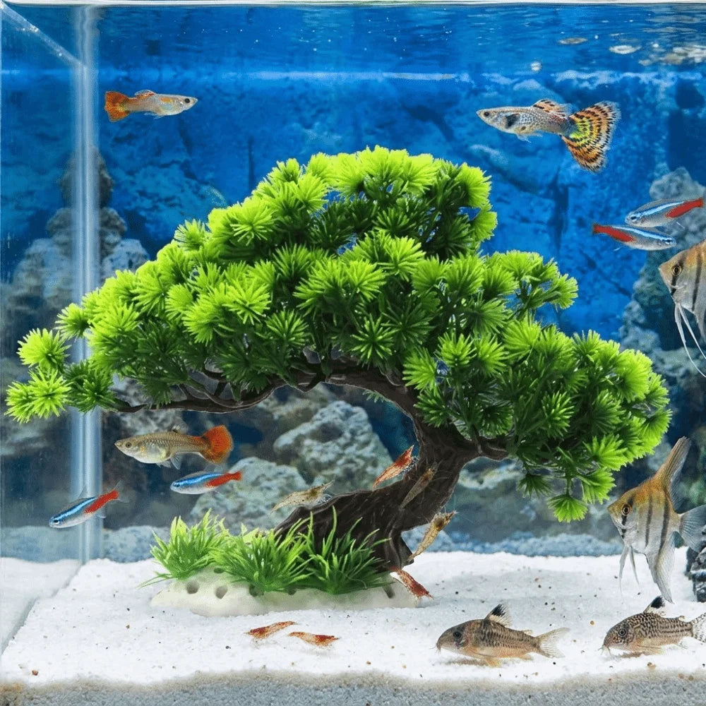 Lifelike artificial aquarium plant shaped like a green pine tree in an underwater display