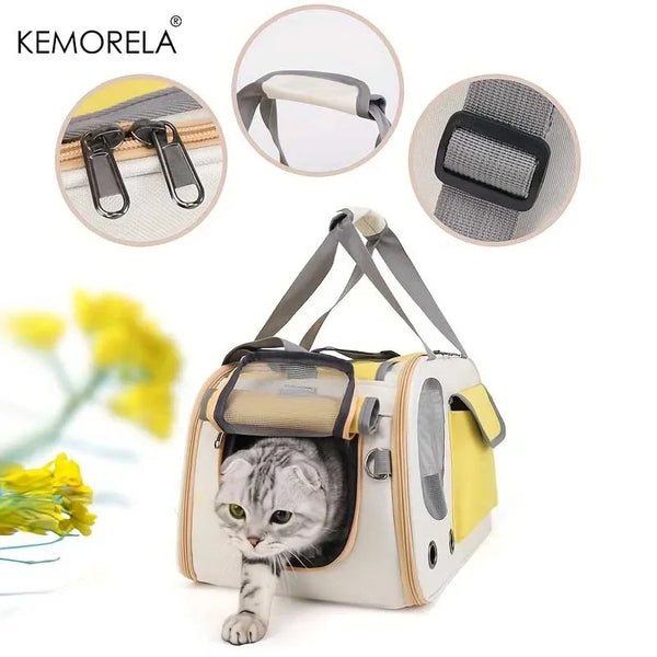 A beige lightweight soft-sided pet carrier for cats and small dogs with a gray patterned fabric cover.