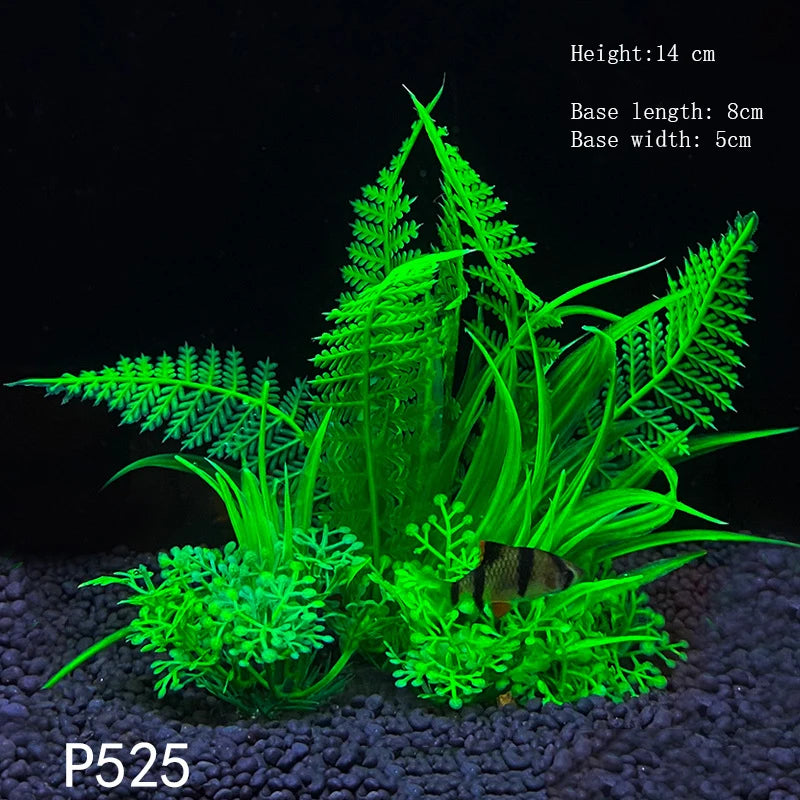A vibrant green artificial aquarium plant with a feathery texture is shown against a dark background.