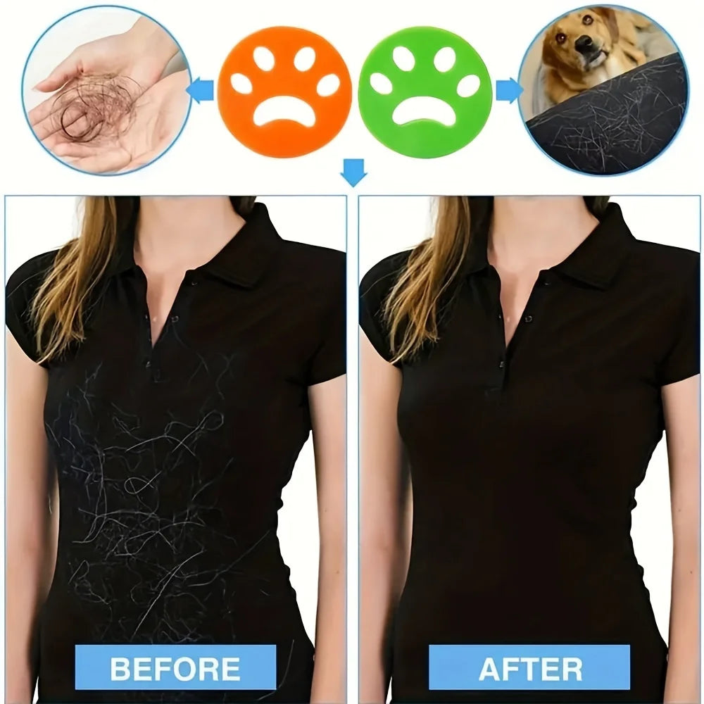 Before and after comparison showing reusable lint rollers for pet hair and laundry on a black shirt.