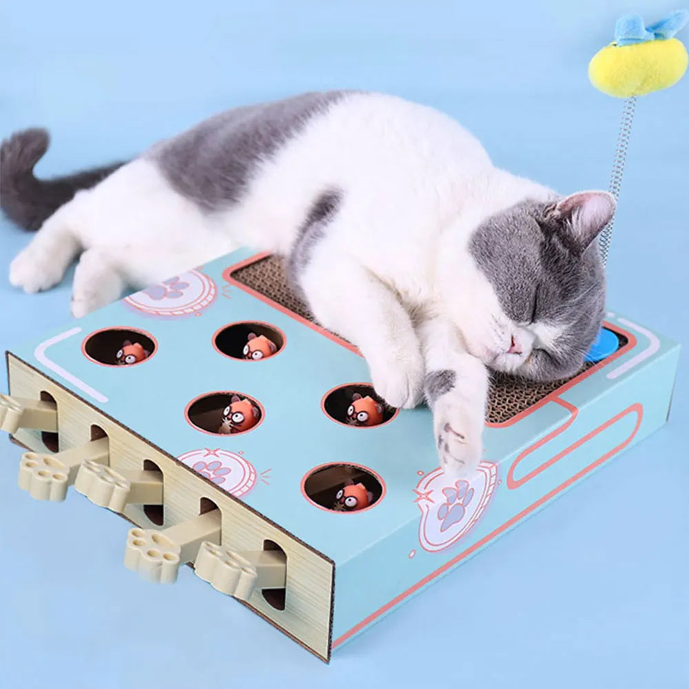 A white and gray cat is relaxing on an interactive whack-a-mole style scratching board with small holes.