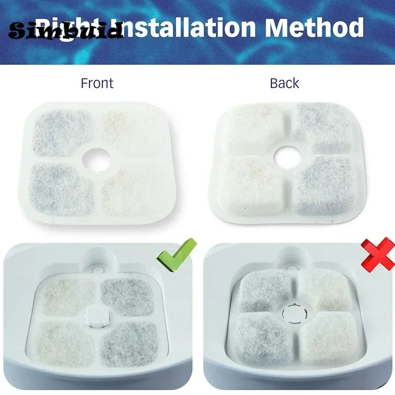 Front and back views of a replacement filter installation method for a Catit PIXI water fountain