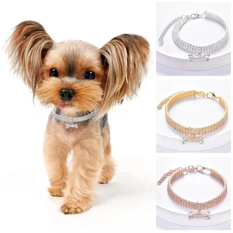 Crystal Rhinestone Dog Collar with Bone Pendant