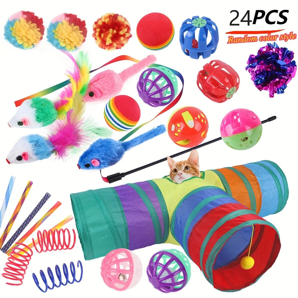 A set of interactive cat play toys including a collapsible tunnel, feather teaser wand, and crinkle balls.
