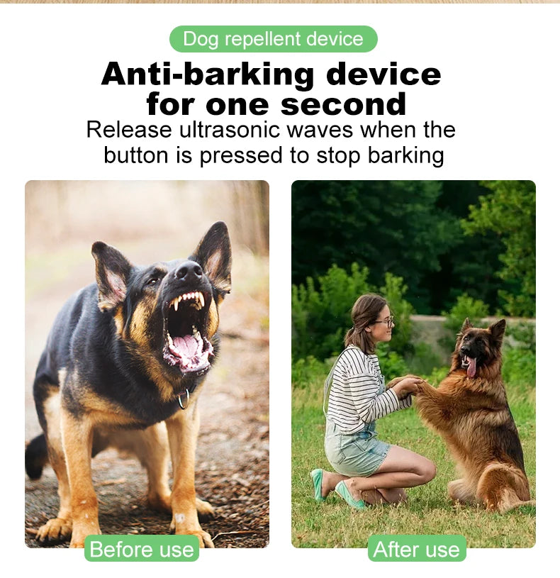 A dog is shown before and after using an anti-barking device that releases ultrasonic waves.