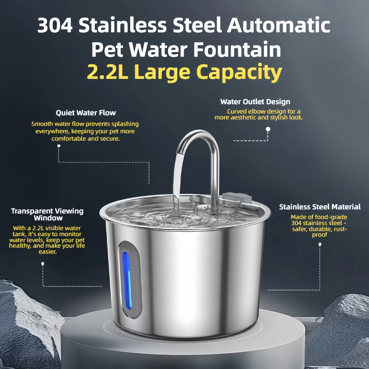A stainless steel automatic pet water fountain with a transparent viewing window and a curved outlet design.