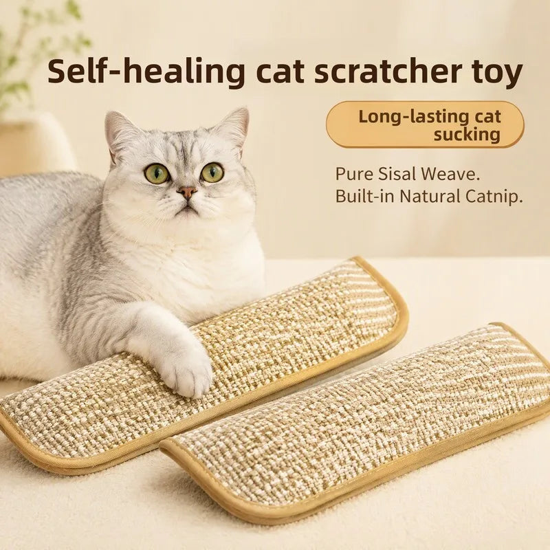A fluffy gray cat is using a beige jute scratching pad for self-healing and cat sucking.