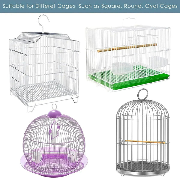 Various bird cages including square, round, and oval wire mesh cages and a spherical cage