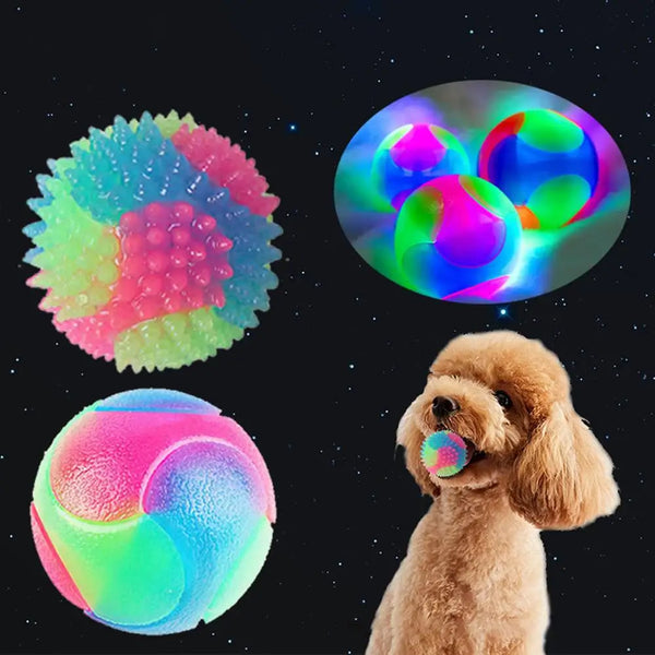 A fluffy dog is interacting with a glowing, colorful fetch ball.
