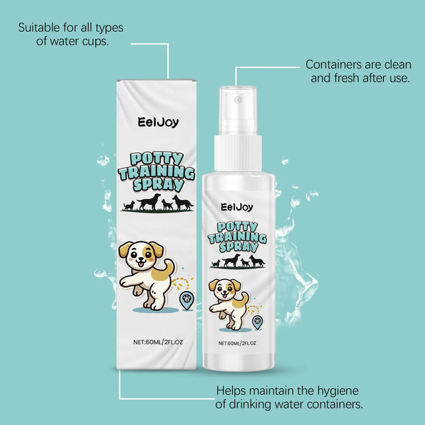 A bottle of EelJoy Potty Training Spray is shown next to its packaging, suitable for cleaning water cups.