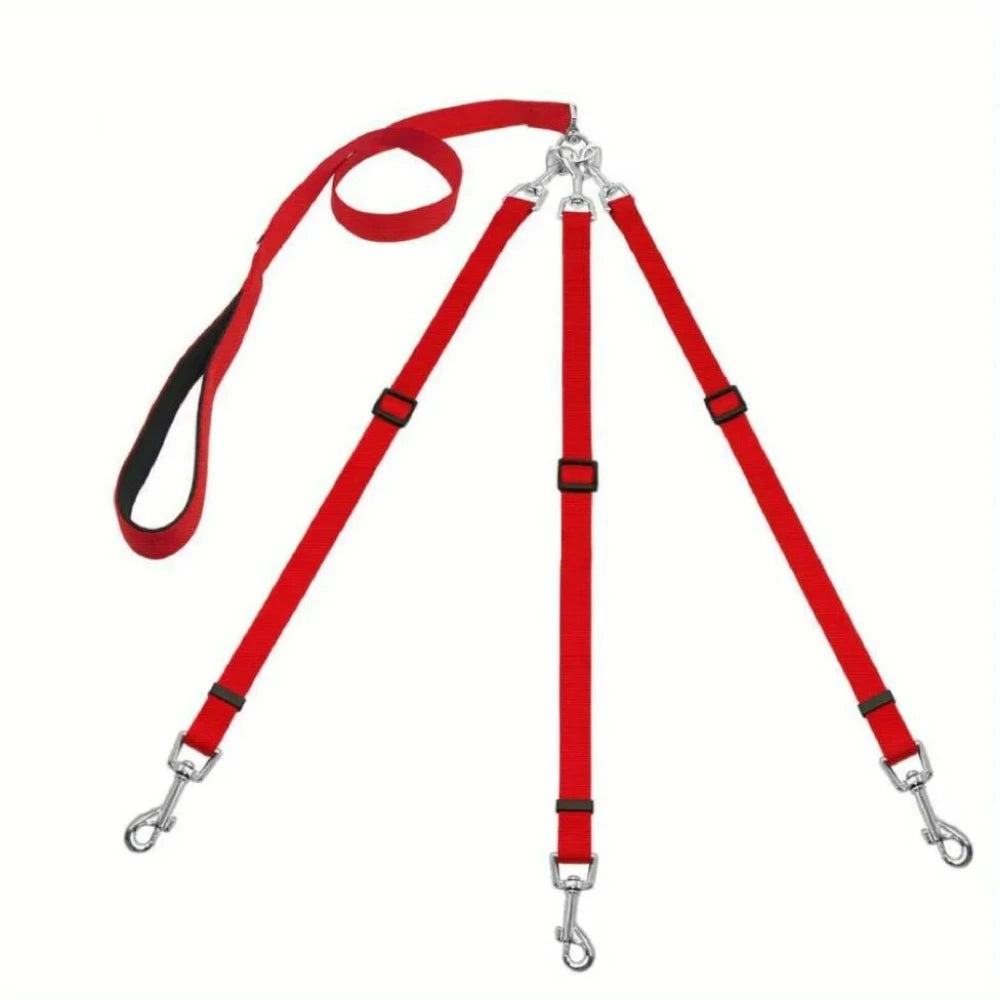 Red 3-in-1 nylon dog leash with a padded handle for walking and travel